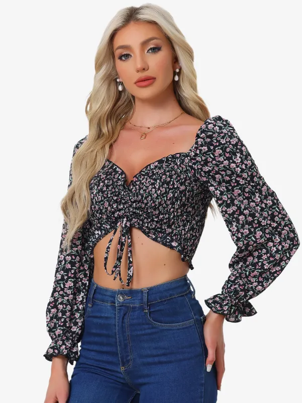 Square Neck Drawstring Front Puff Sleeve Summer Blouse Smocked Floral Crop Top sold by Allegra K