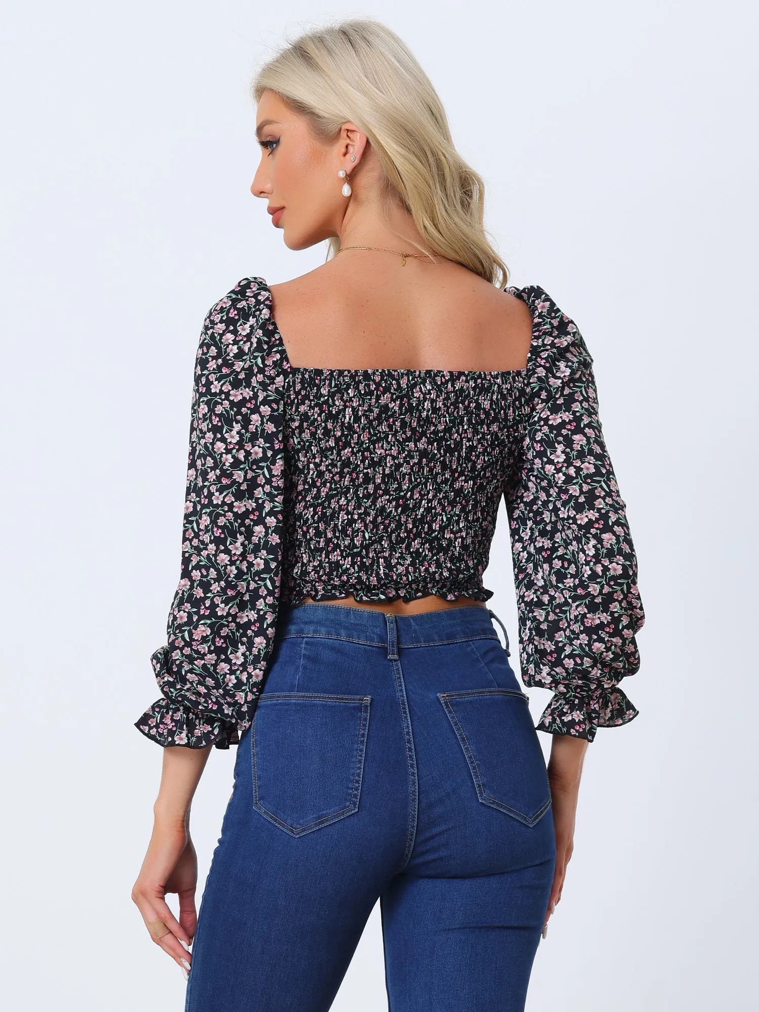 Square Neck Drawstring Front Puff Sleeve Summer Blouse Smocked Floral Crop Top sold by Allegra K product image thumbnail 3