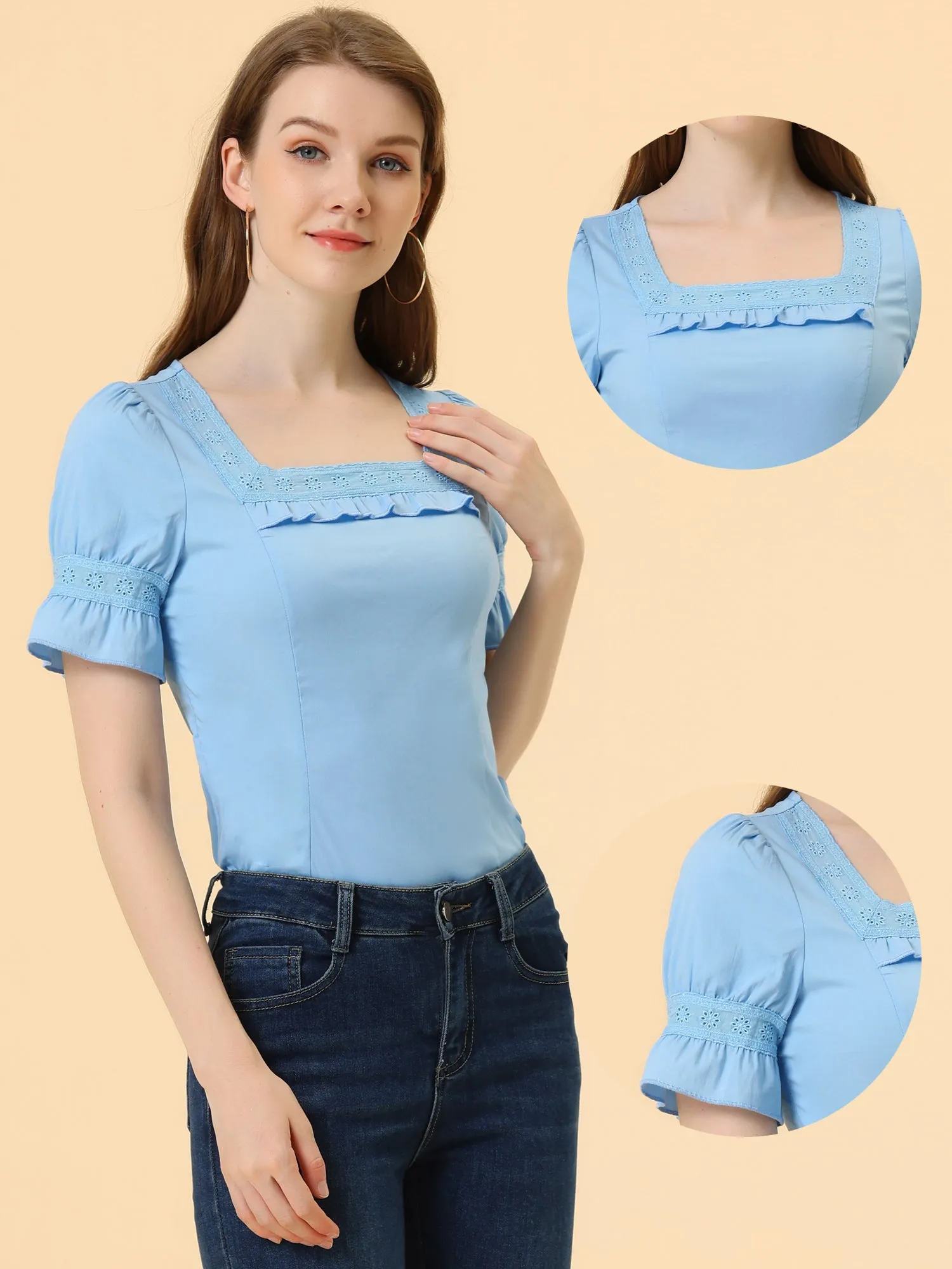 Lace Crochet Blouse Ruffle Puff Short Sleeve Square Neck Top sold by Allegra K product image thumbnail 2