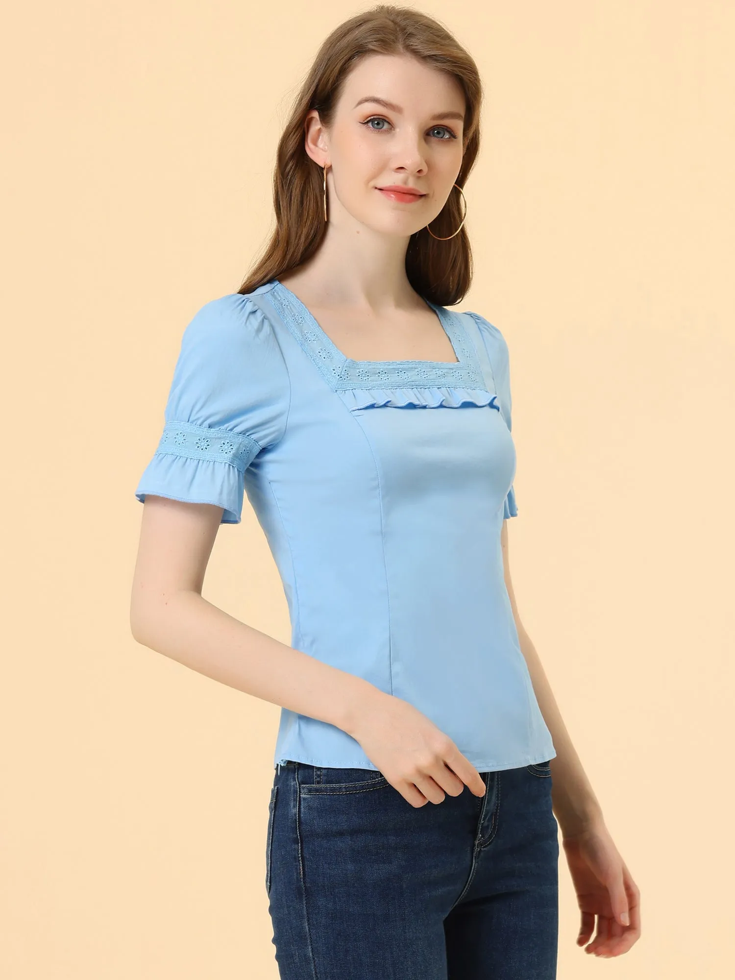 Lace Crochet Blouse Ruffle Puff Short Sleeve Square Neck Top sold by Allegra K product image thumbnail 5