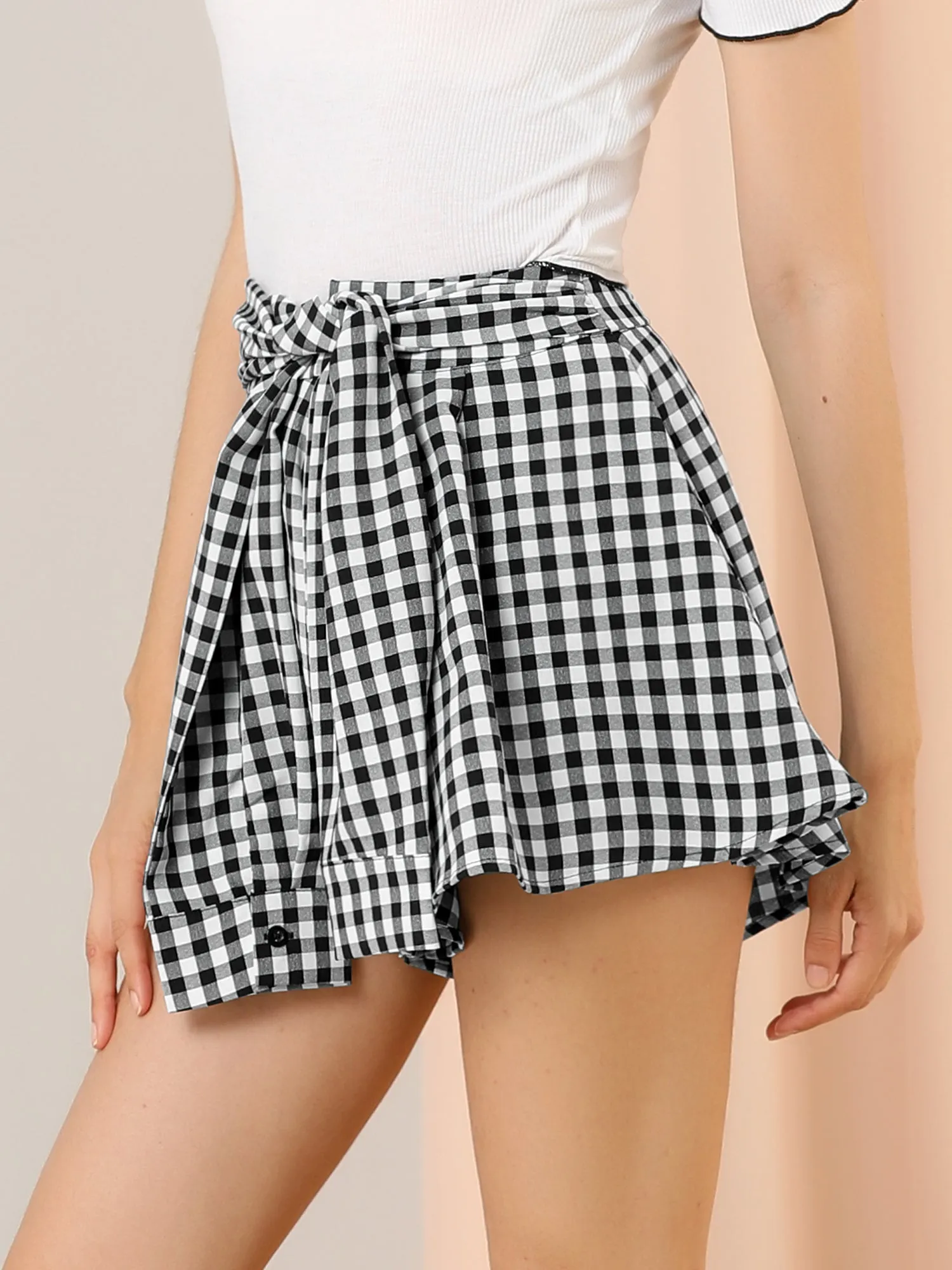 Tie Waist Wide Leg Loose Plaid Mini Culottes Gingham Shorts sold by Allegra K product image thumbnail 4
