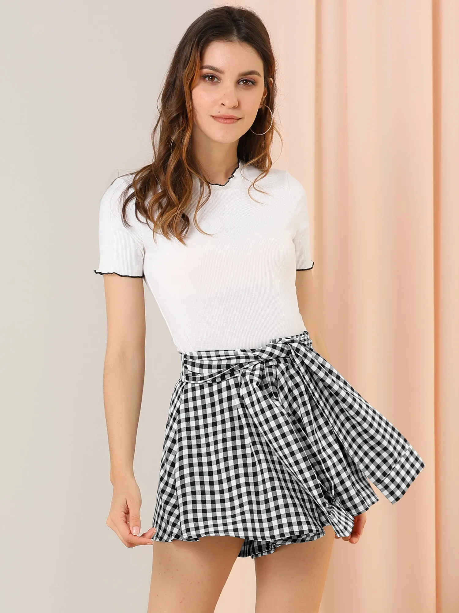 Tie Waist Wide Leg Loose Plaid Mini Culottes Gingham Shorts sold by Allegra K