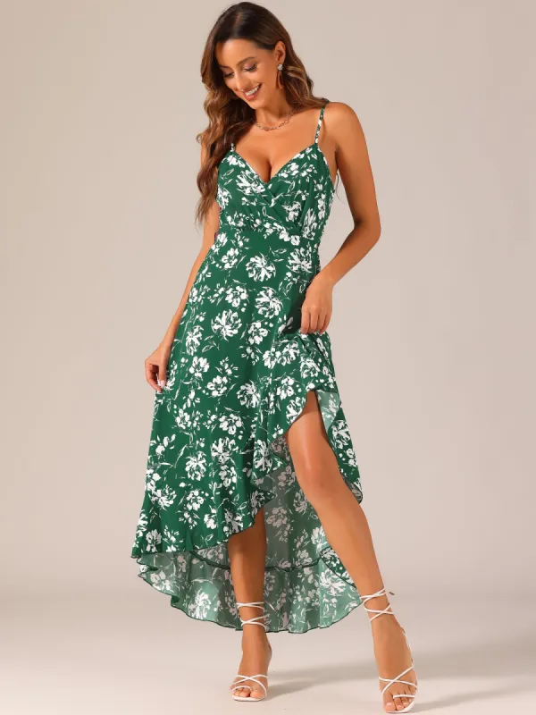 Spaghetti Strap Belted Ruffle High Low Hem Sleeveless Floral Maxi Dress sold by Allegra K