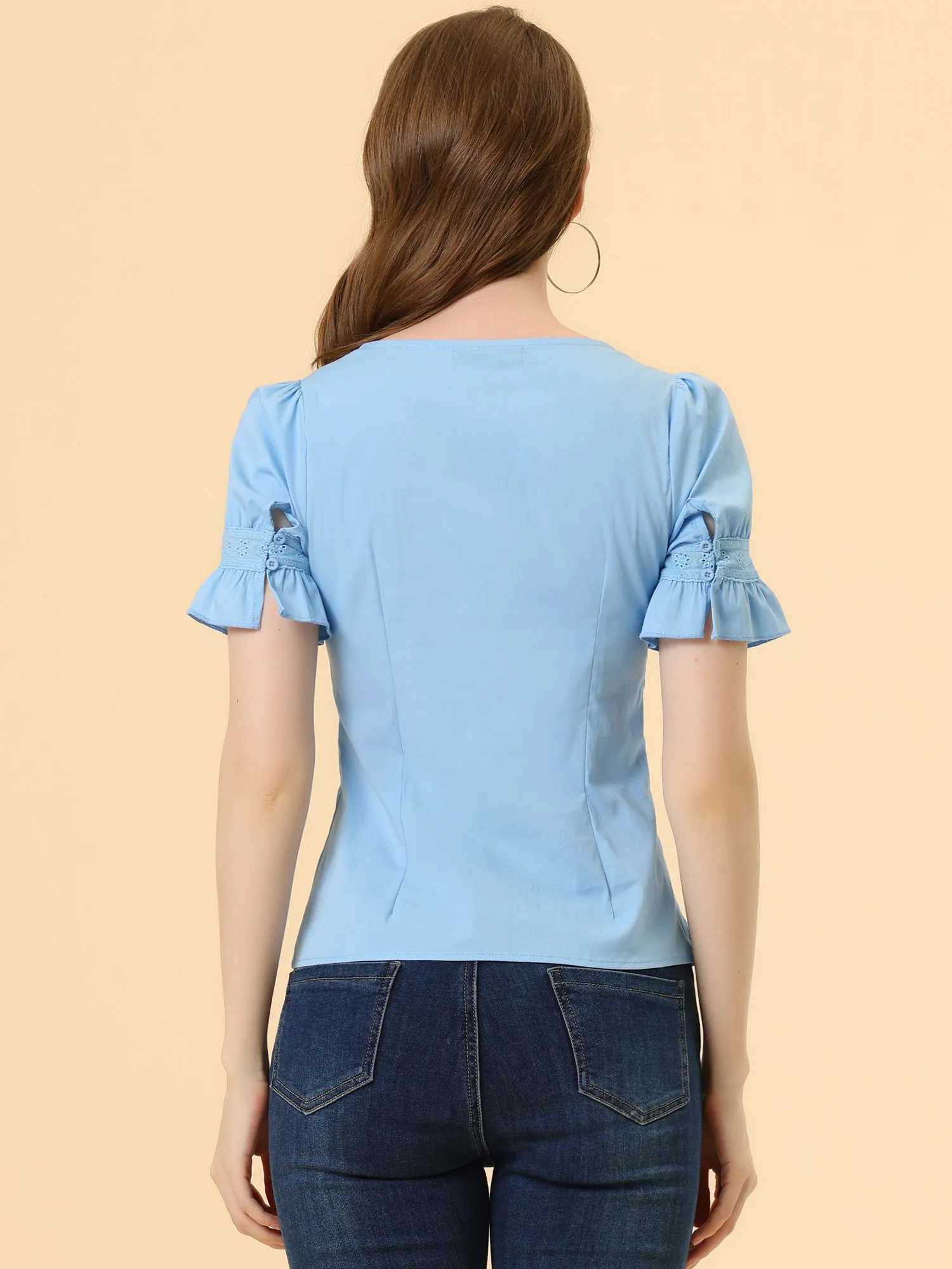 Lace Crochet Blouse Ruffle Puff Short Sleeve Square Neck Top sold by Allegra K product image thumbnail 3
