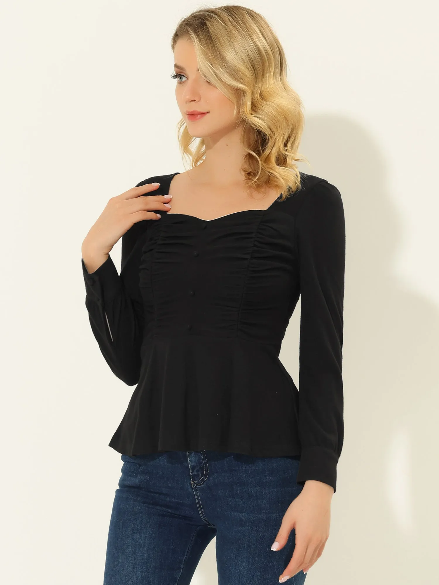 Ruched Halloween Sweetheart Neck Long Sleeve Peplum Blouse sold by Allegra K product image thumbnail 2