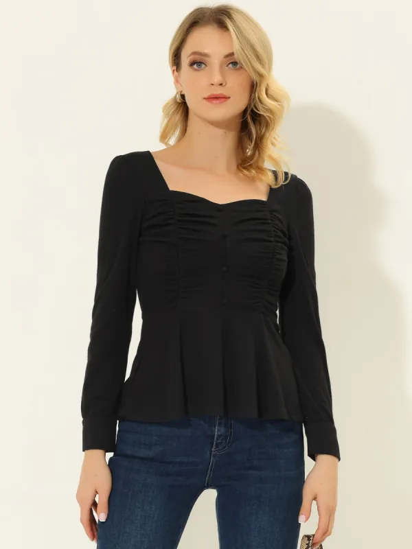 Ruched Halloween Sweetheart Neck Long Sleeve Peplum Blouse sold by Allegra K