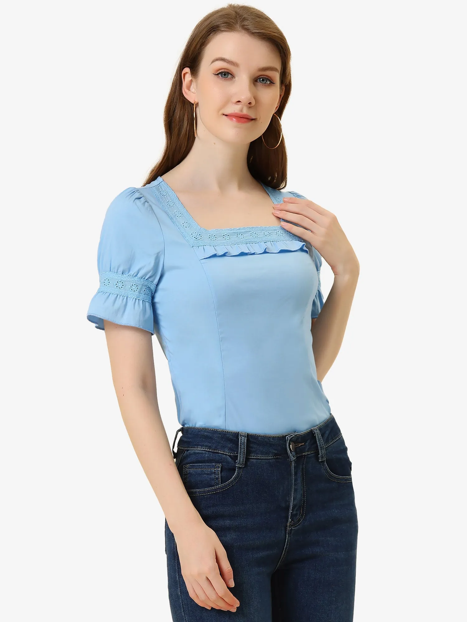 Lace Crochet Blouse Ruffle Puff Short Sleeve Square Neck Top sold by Allegra K