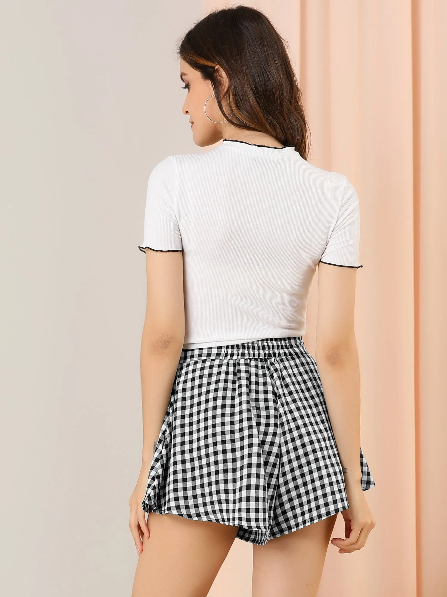 Tie Waist Wide Leg Loose Plaid Mini Culottes Gingham Shorts sold by Allegra K product image thumbnail 3