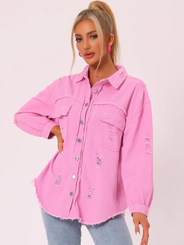 Casual Ripped Jean Shirt Distressed Raw Hem Denim Jacket sold by Allegra K