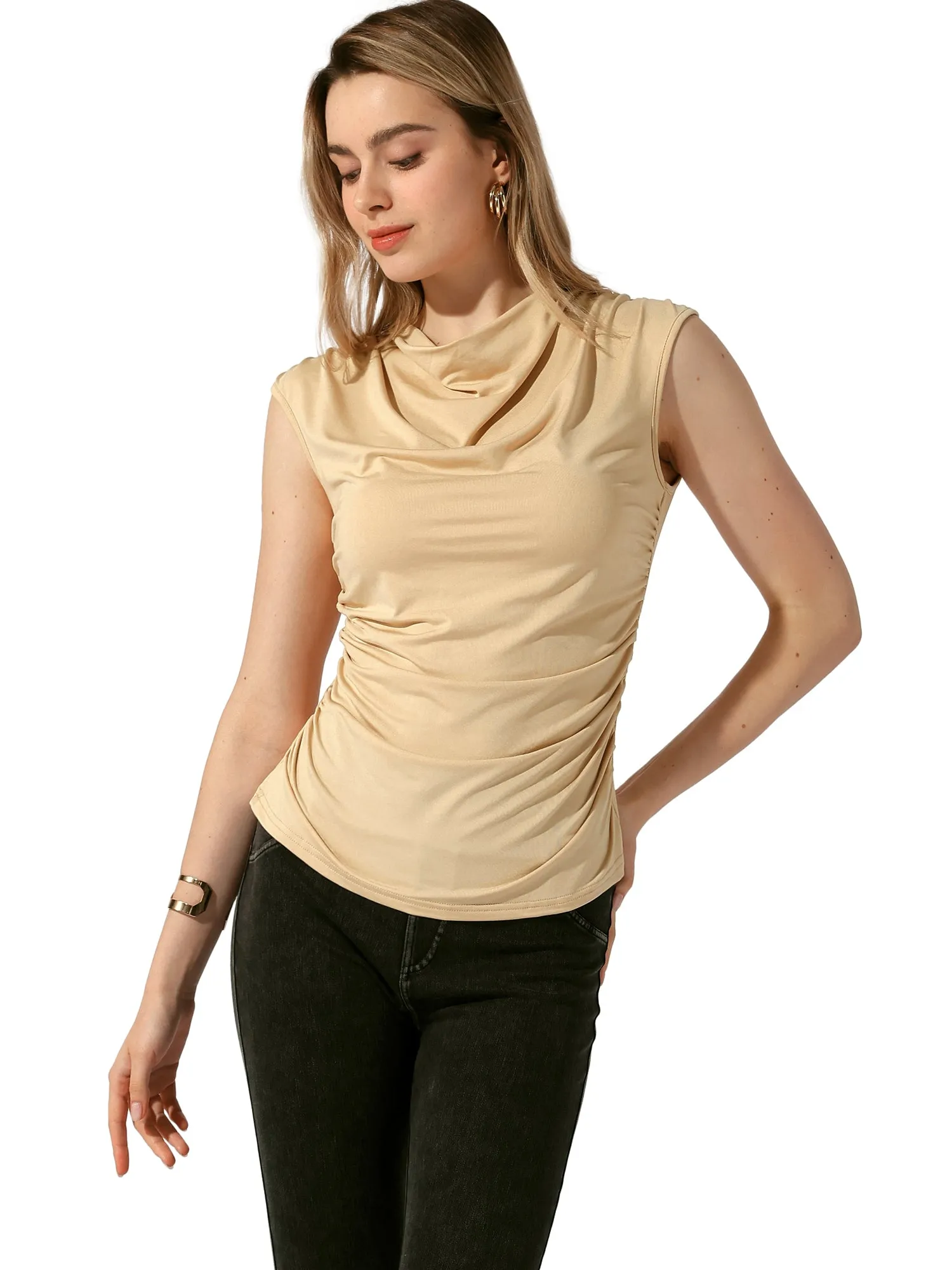Cowl Neck Ruched Stretch Sleeveless Summer Casual Solid Tops sold by Allegra K product image thumbnail 4