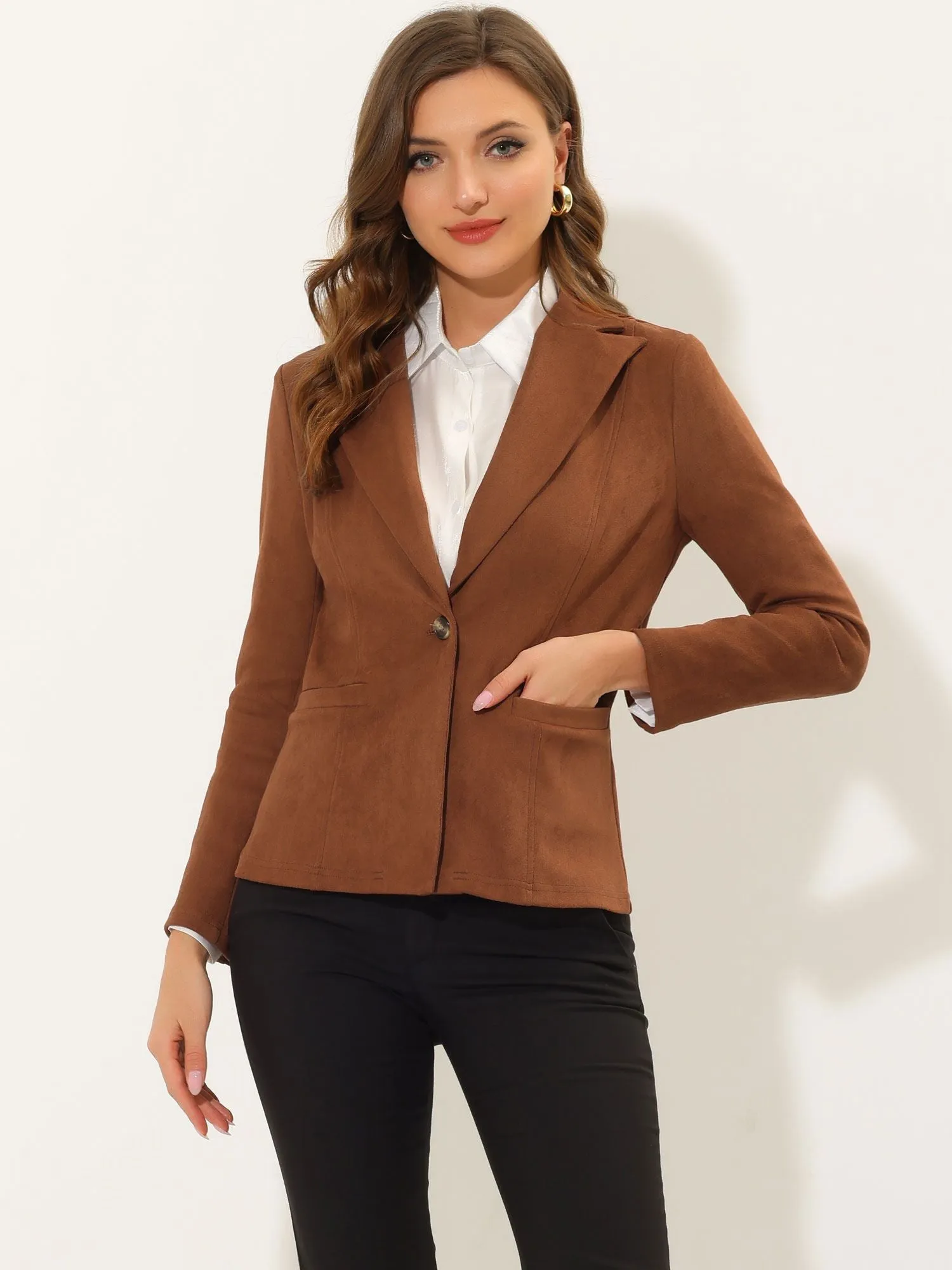 Faux Suede Lapel Collar Long Sleeve Casual Work Office Jacket sold by Allegra K product image thumbnail 2