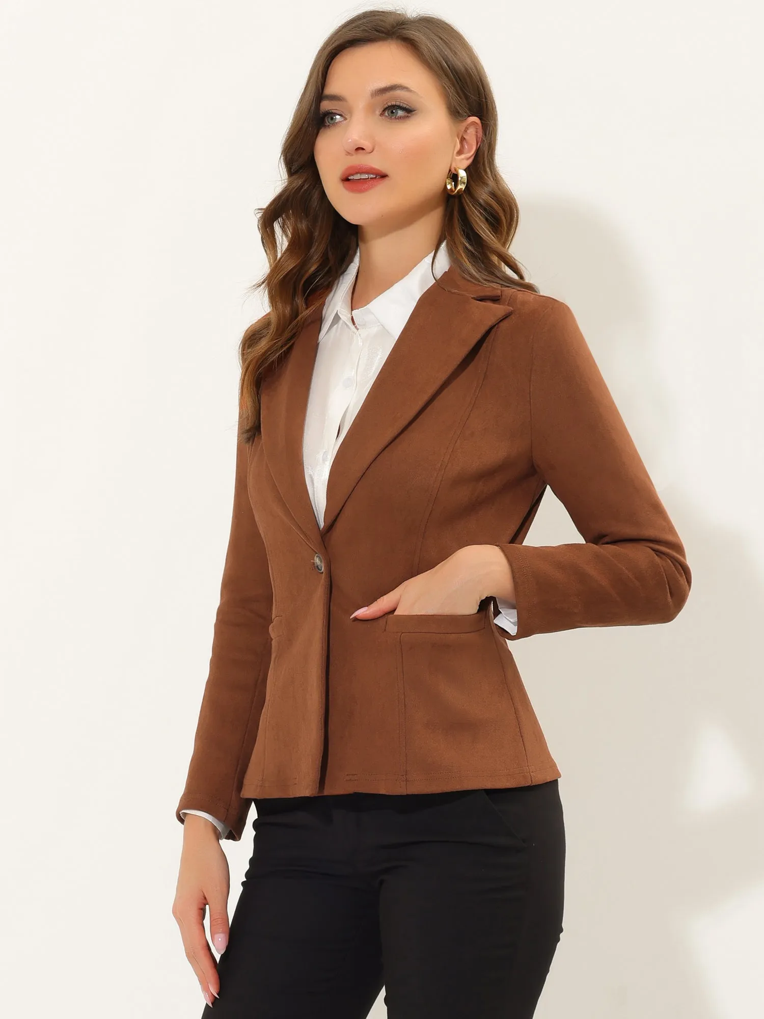 Faux Suede Lapel Collar Long Sleeve Casual Work Office Jacket sold by Allegra K