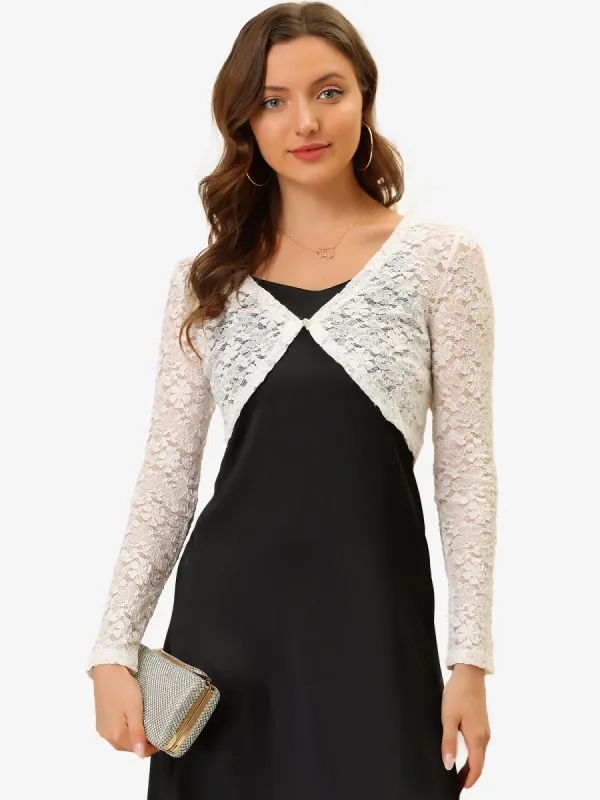 Floral Crop Long Sleeve Cover Blouse Sheer Lace Bolero Shawl sold by Allegra K