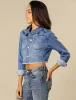Trendy Frayed Button Up Washed Cropped Denim Jacket sold by Allegra K