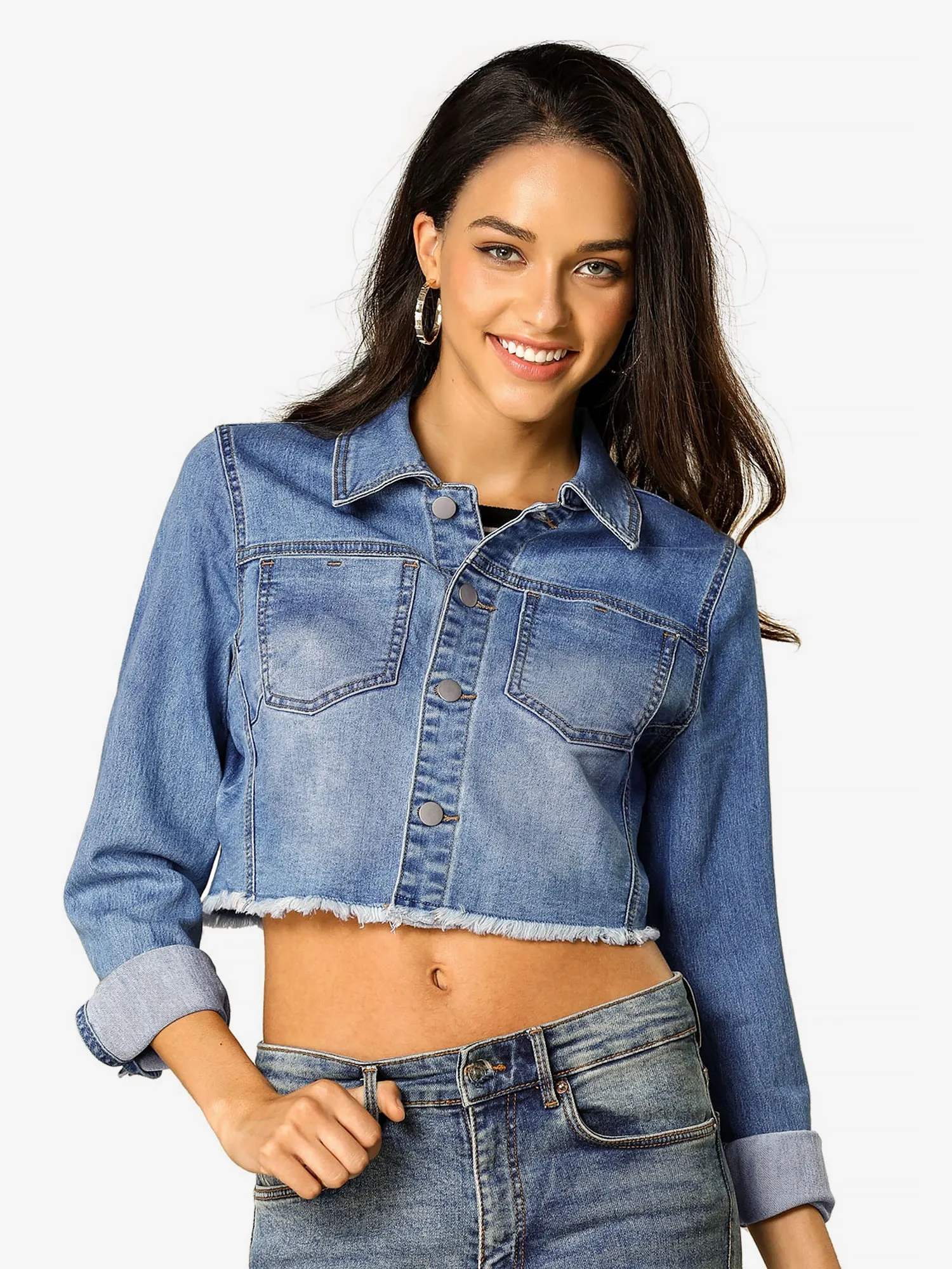 Trendy Frayed Button Up Washed Cropped Denim Jacket sold by Allegra K