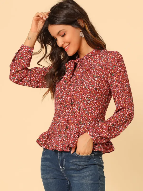 Floral Blouse Bow Tie Neck Ruffle Hem Button Down Shirt sold by Allegra K