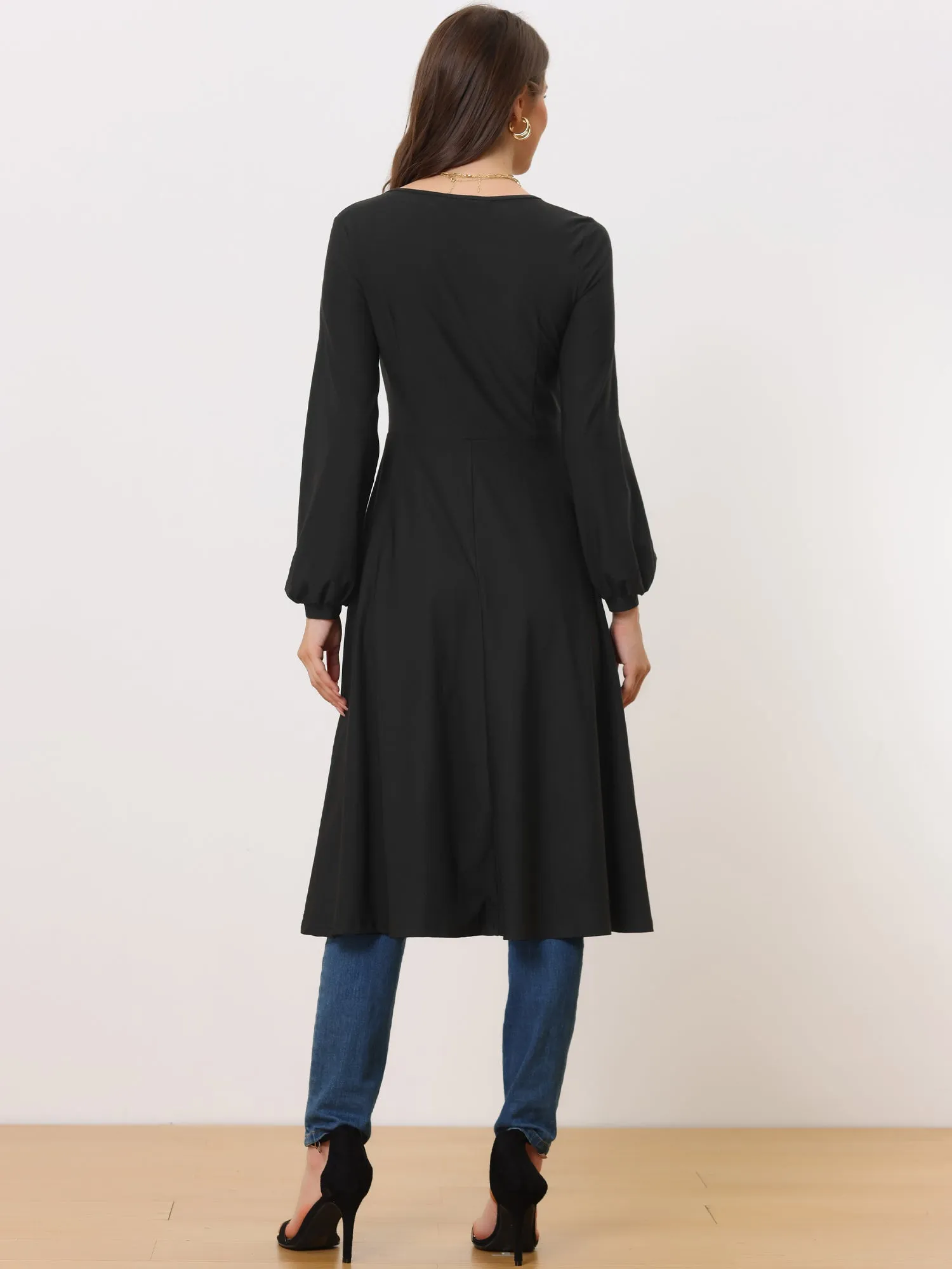 V Neck High Low Hem Peplum Long Sleeve Midi Blouse sold by Allegra K product image thumbnail 3