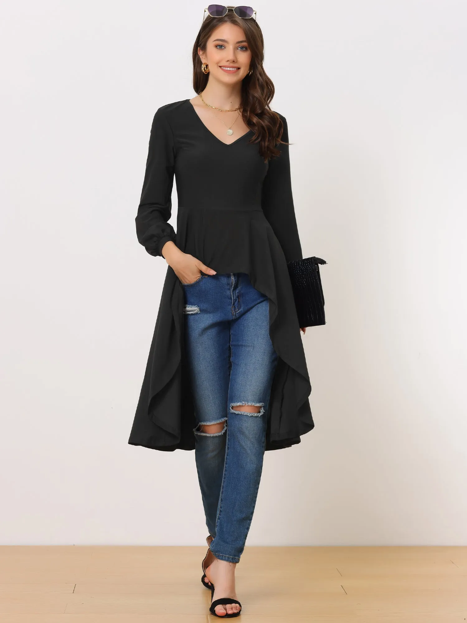V Neck High Low Hem Peplum Long Sleeve Midi Blouse sold by Allegra K product image thumbnail 2