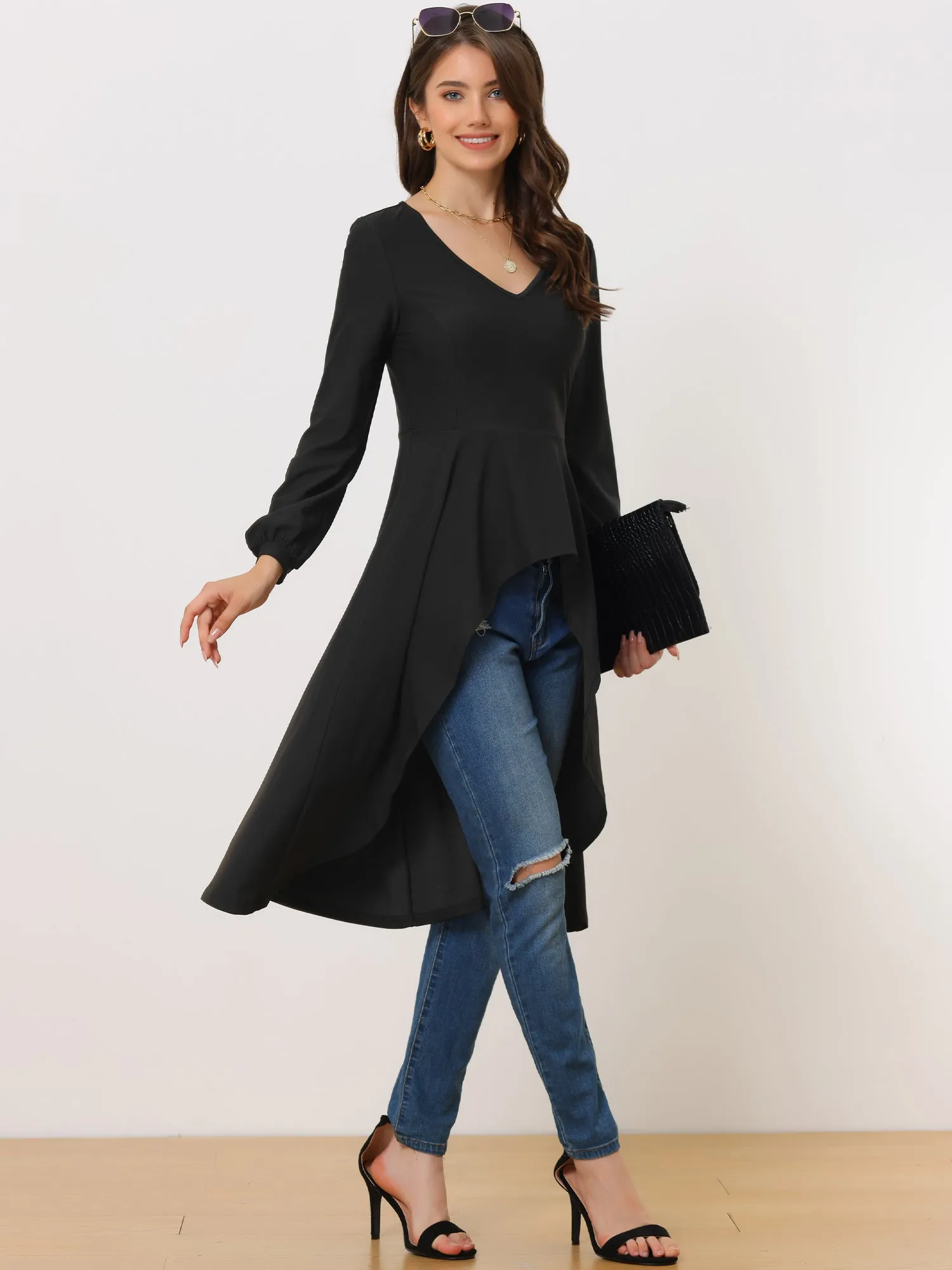 V Neck High Low Hem Peplum Long Sleeve Midi Blouse sold by Allegra K