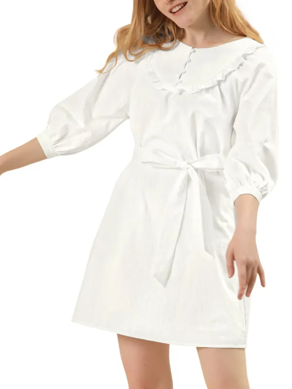 Women's Puff Sleeve Ruffle Yoke Half Placket Straight Belted Peasant Dress sold by Allegra K