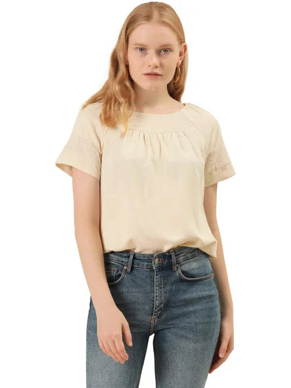 Women's Casual Raglan Sleeve Round Neck Pleated Embroidered Blouse Tops sold by Allegra K