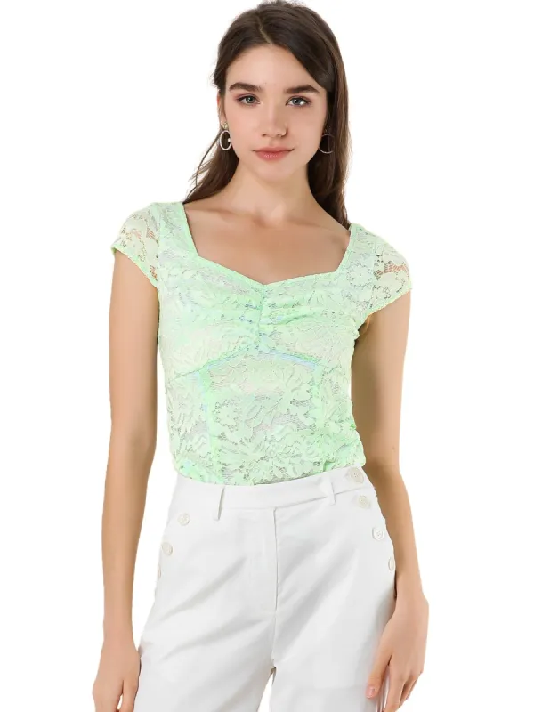 Women's Lace Top Cap Sleeve Sweetheart Neck Ruched Front Vintage Blouse sold by Allegra K