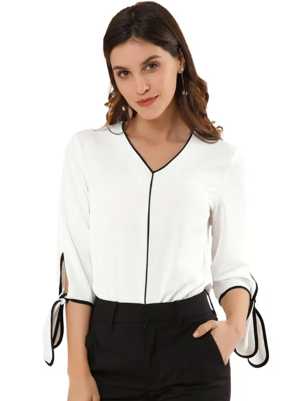 Women's 3/4 Sleeve Tie Cuff Piped V Neck Solid Blouse Office Work Top sold by Allegra K