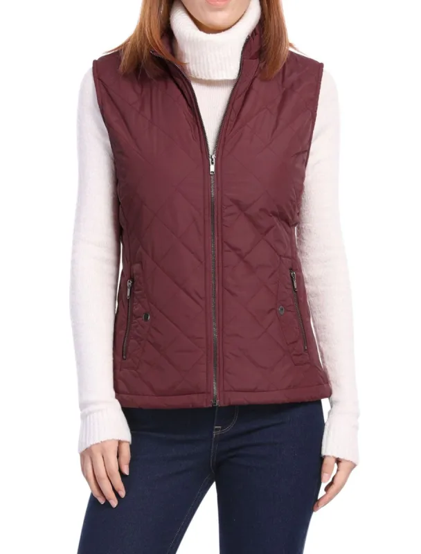 Women's Front Zip Up Stand Collar Mock Pockets Quilted Padded Vest sold by Allegra K