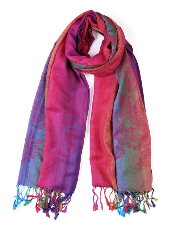 Large Tassel Wrap Scarf Wrap Multi-Color Floral Print Gradient Color Scarf for Women sold by Allegra K