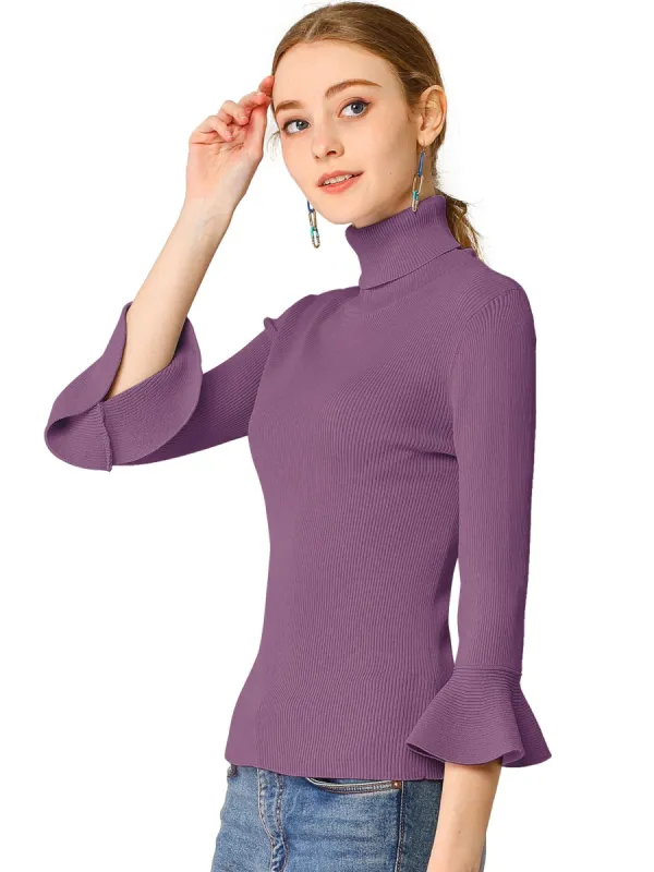 Allegra K Turtleneck Knit Top with 3/4 Length Ruffle Sleeves sold by Allegra K