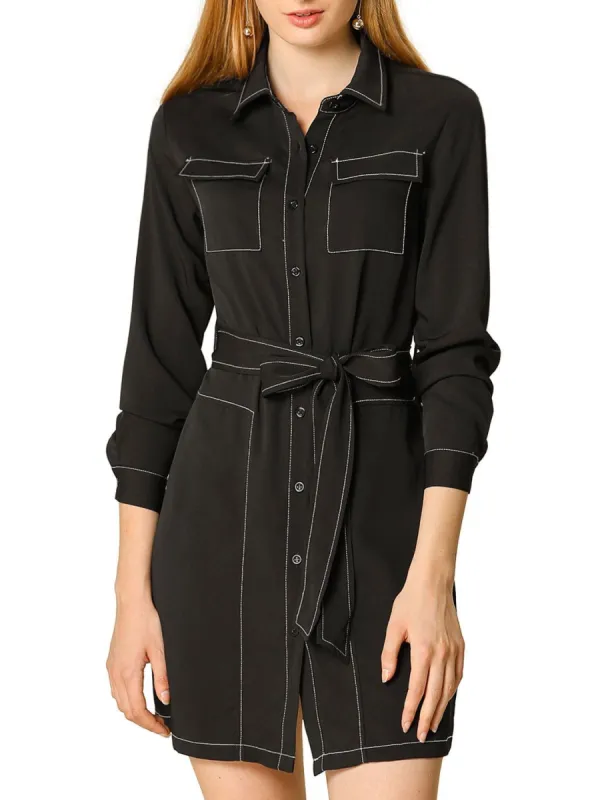 Allegra K Contrast Stitch Button Up Belted Long Sleeves Shirt Dress sold by Allegra K