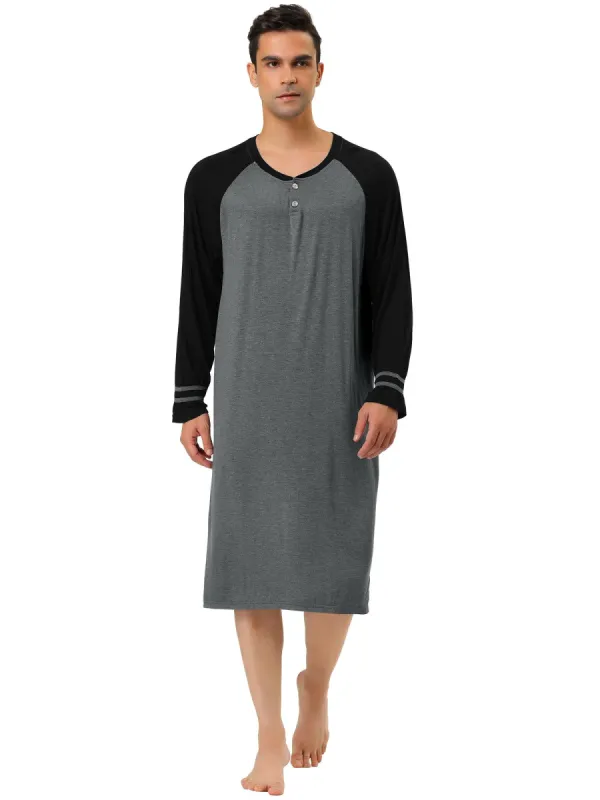 Men's Nightshirts Contrast Color Henley Sleep Shirt Lounge Sleepwear Nightgown Pajamas sold by Allegra K