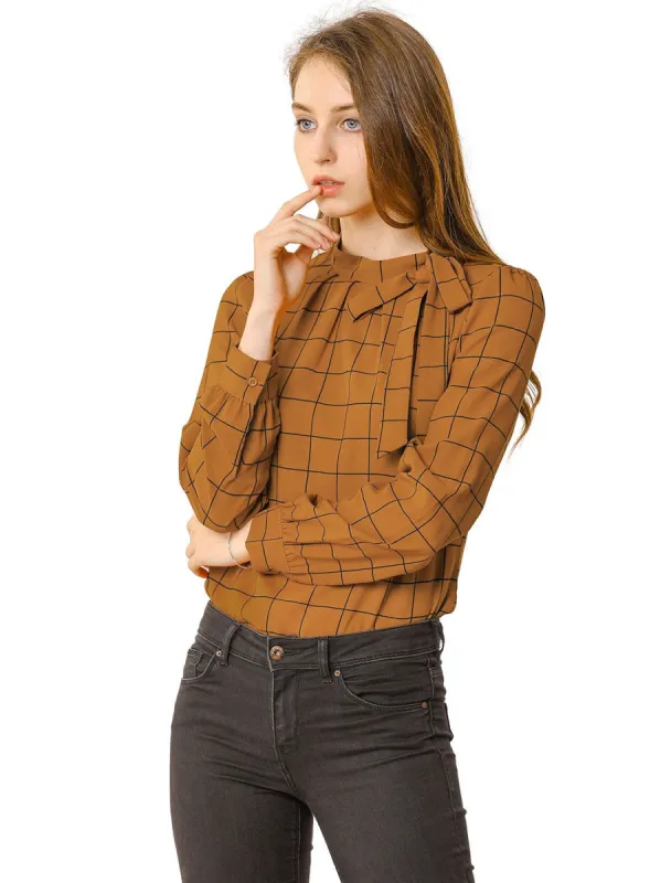 Women's Bow-Tie Neck Blouse Office Work Checks Shirt Tops sold by Allegra K