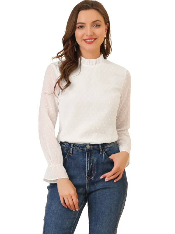 Women's Swiss Dots Tops Solid Semi-Sheer Long Sleeve Ruffle Mock Neck Chiffon Blouse sold by Allegra K