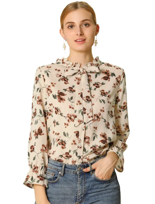 Allegra K Floral Ruffle Tie Neck Long Sleeve Blouse sold by Allegra K