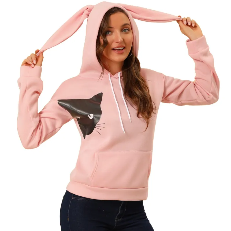 Women's Hoodie Cute Rabbit Ear Cat Printed Long Sleeve Sweatshirt Pullover Tops Blouse sold by Allegra K