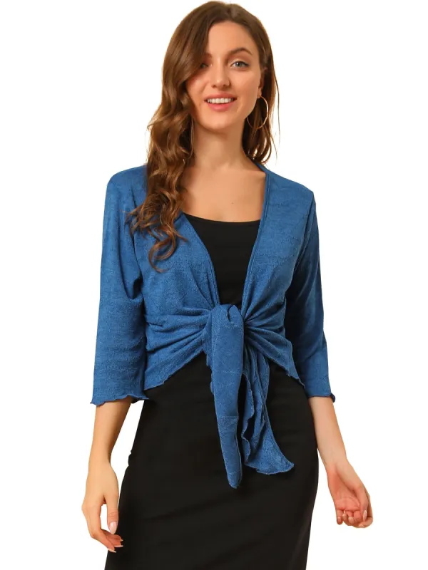 Women's Open Front Shrug Cardigans Self Tie Lightweight 3/4 Sleeve Cardigan sold by Allegra K