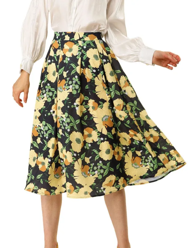 Women's Summer Elastic High Waist Pleated A-Line Midi Floral Skirt sold by Allegra K