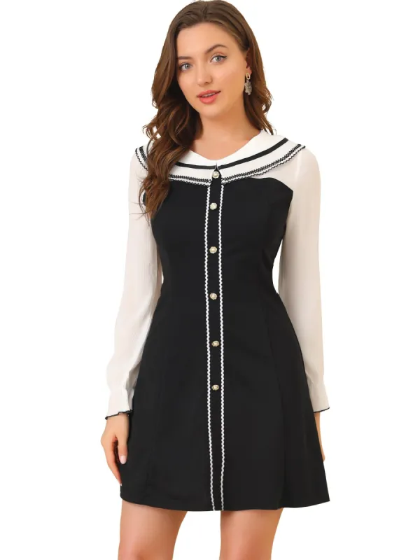 Women's Doll Collar Cute Color Block Lond Sleeve Stretchy A-line Dress sold by Allegra K