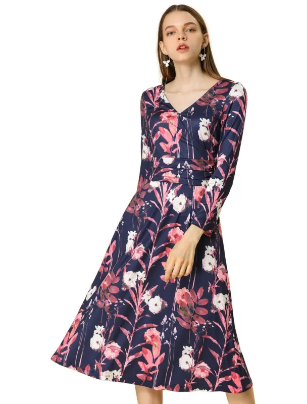 Allegra K Floral V Neck Pleated Waist A-line Midi Dress sold by Allegra K