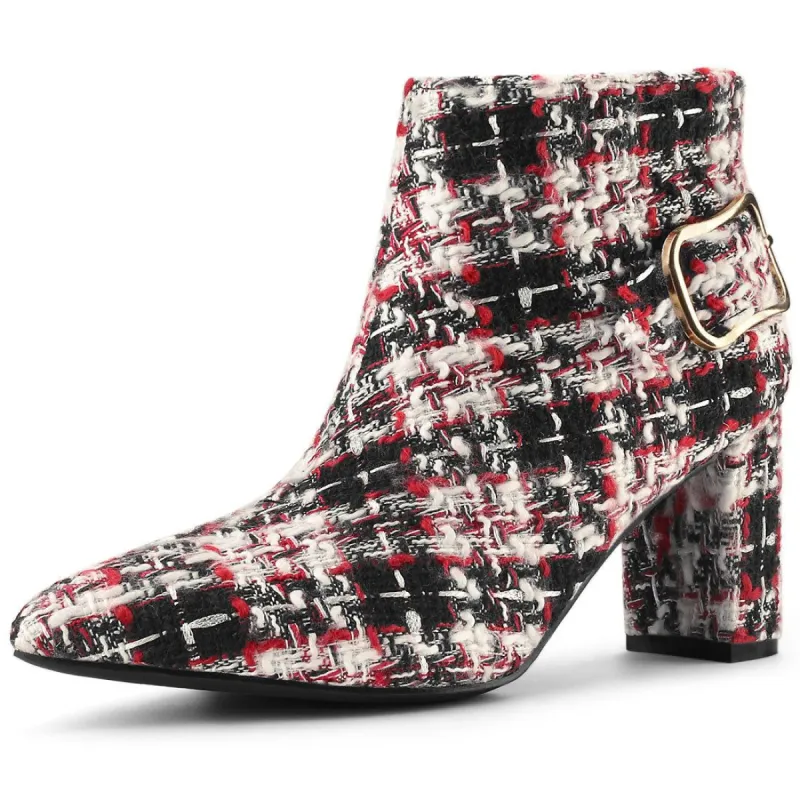 Women's Plaid Pointed Toe Chunky Heel Ankle Boots sold by Allegra K