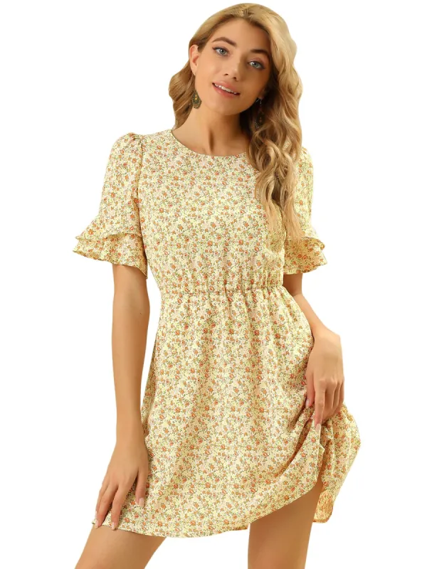 Women's Ruffled Short Sleeve Elastic Waist A-Line Flowy Floral Mini Dress sold by Allegra K
