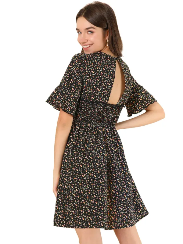 Women's Short Bell Sleeve Smocked Waist Backless Short a Line Floral Dress sold by Allegra K