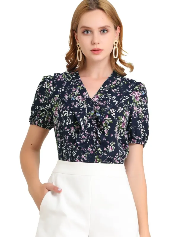 Women's Floral Print V Neck Rufle Button Up Puff Short Sleeves Blouse Top sold by Allegra K