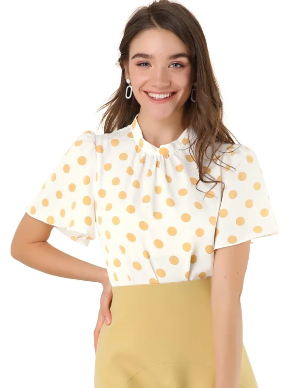 Women's Polka Dots Stand Collar Pleat Keyhole Back Short Flare Sleeve Top sold by Allegra K