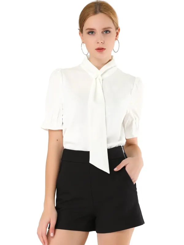Women's Work Office Blouse Button Down Puff Sleeve Tie Neck Top Shirt sold by Allegra K