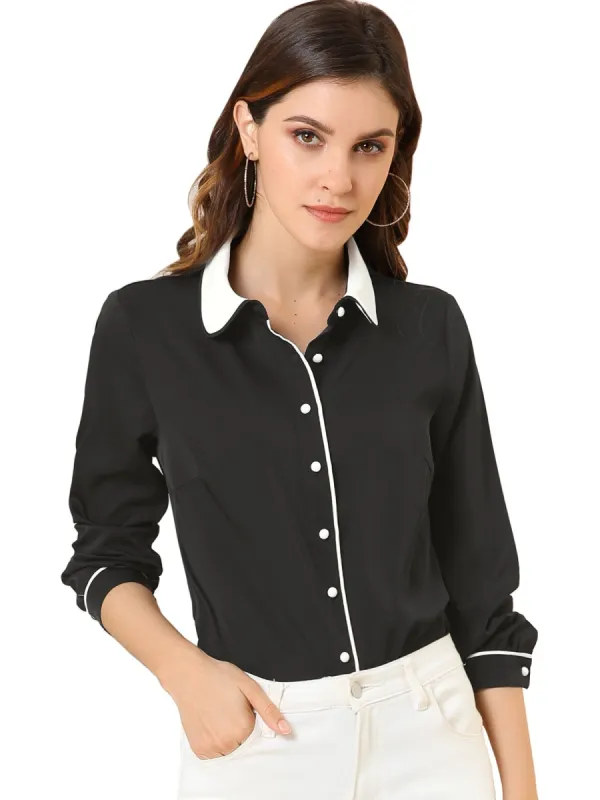 Women's Peter Pan Collar Shirt Long Sleeve Vintage Work Button Down Blouse Top sold by Allegra K