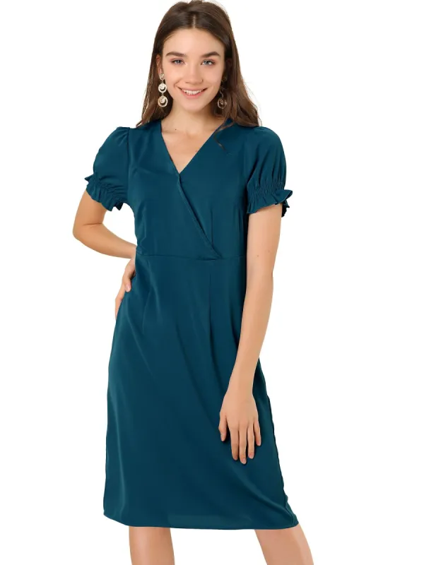 Women's Casual A-Line Short Puff Sleeves Summer V Neck Dress sold by Allegra K