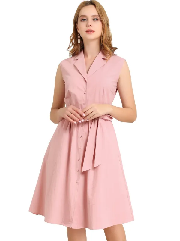 Women's Sleeveless Notched Lapel Belted Business Office Midi Shirt Dress sold by Allegra K