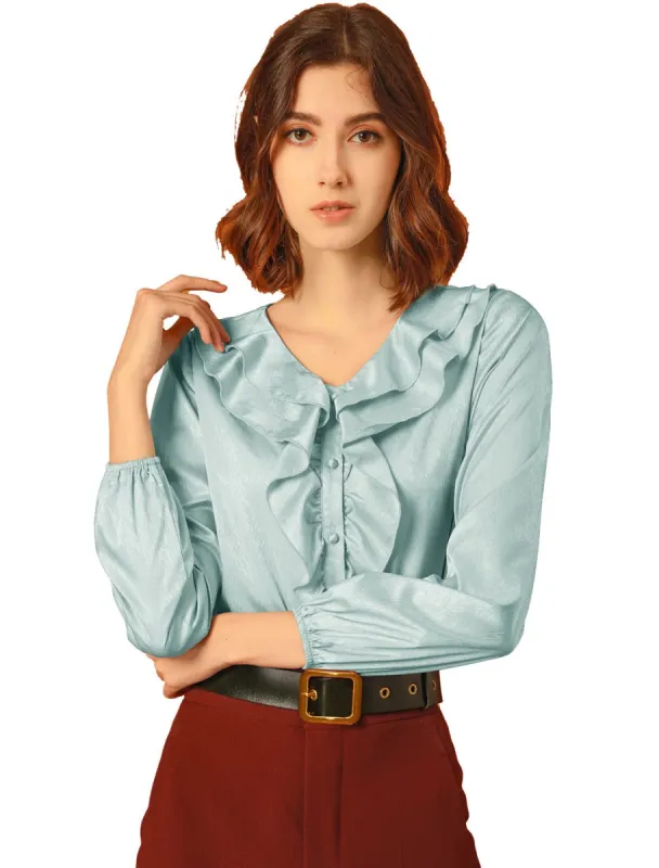 Women's Ruffle V-Neck Textured Shiny Satin Long Puff Sleeve Button Up Shirt sold by Allegra K